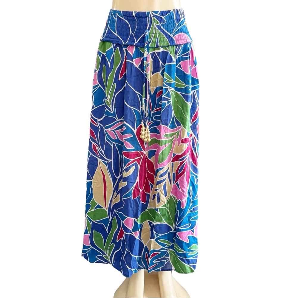 Hawiian True Destinations‎ Blue Floral Boho Scrunch Maxi Skirt Beach Cover Up